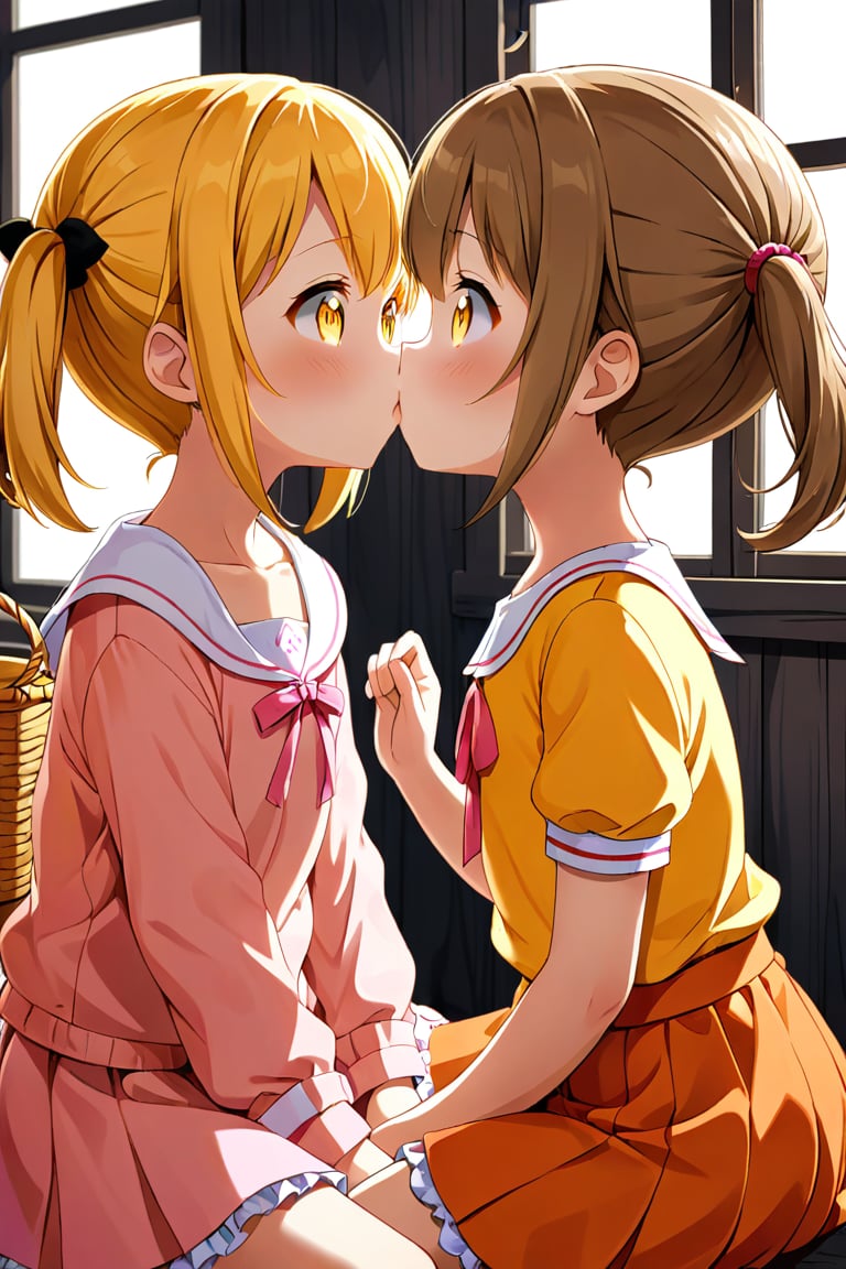 2_girls. loli hypnotized, happy_face, yellow_hair, brown hair, side_view, twin_tails, yellow_eyes, basket, pink shirt, orange skirt, sitting, kissing