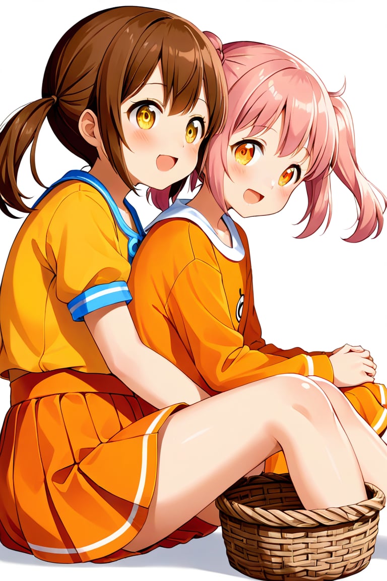 2_girls. loli hypnotized, happy_face, pink_hair, brown hair, side_view, twin_tails, yellow_eyes, basket, orange shirt, orange skirt, sitting, hugging