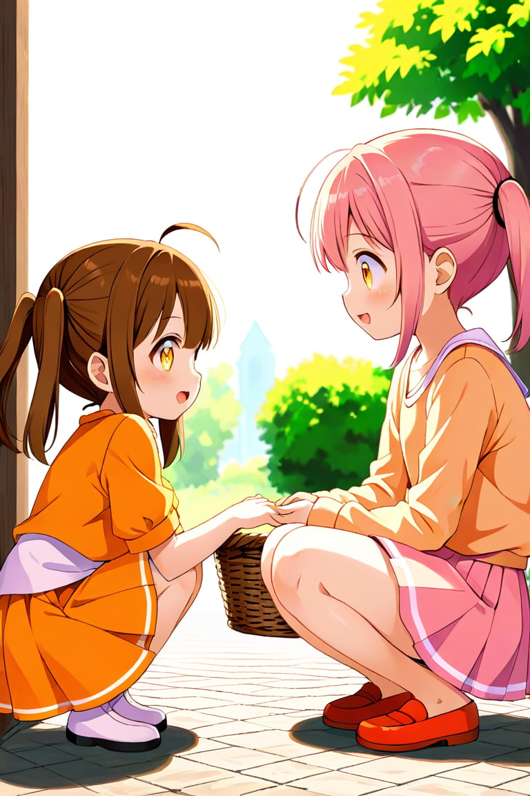 2_girls. loli hypnotized, happy_face, pink_hair, brown hair, side_view, twin_tails, yellow_eyes, basket, orange shirt, orange skirt, crouched, 