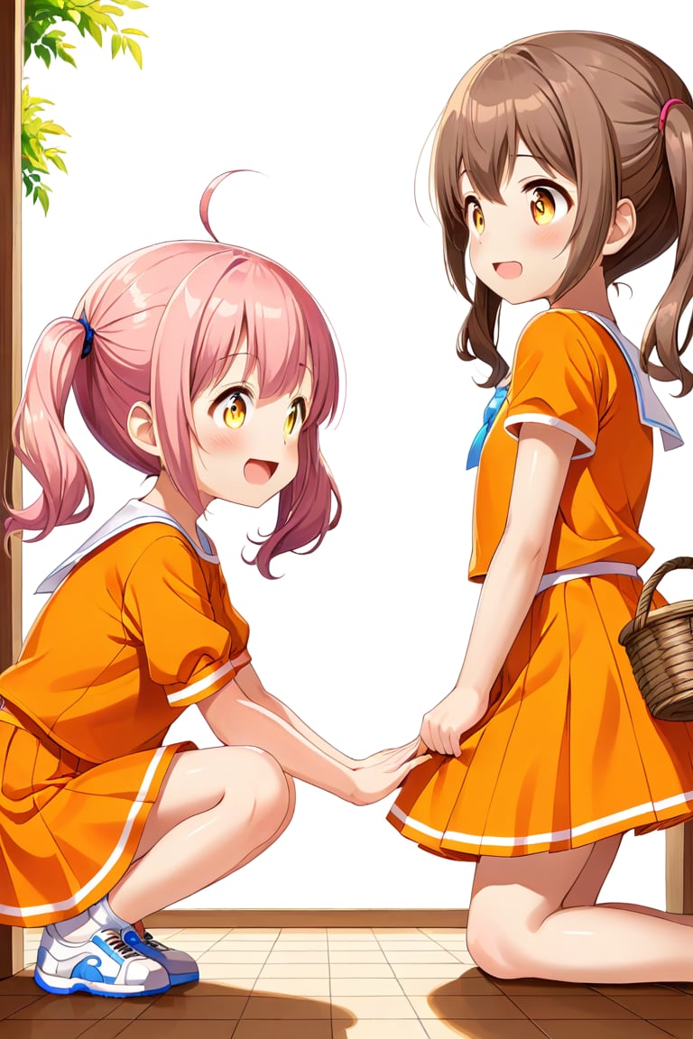 2_girls. loli hypnotized, happy_face, pink_hair, brown hair, side_view, twin_tails, yellow_eyes, basket, orange shirt, orange skirt, crouched, 