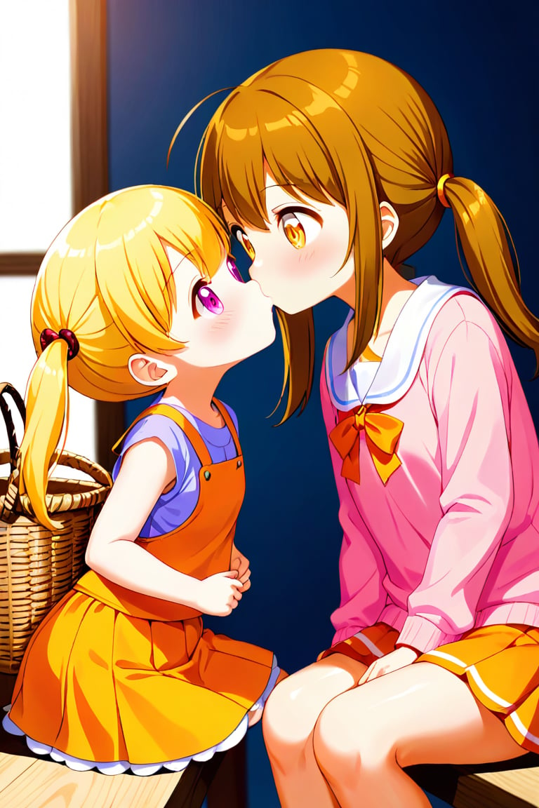 2_girls. loli hypnotized, happy_face, yellow_hair, brown hair, side_view, twin_tails, yellow_eyes, basket, pink shirt, orange skirt, sitting, kissing