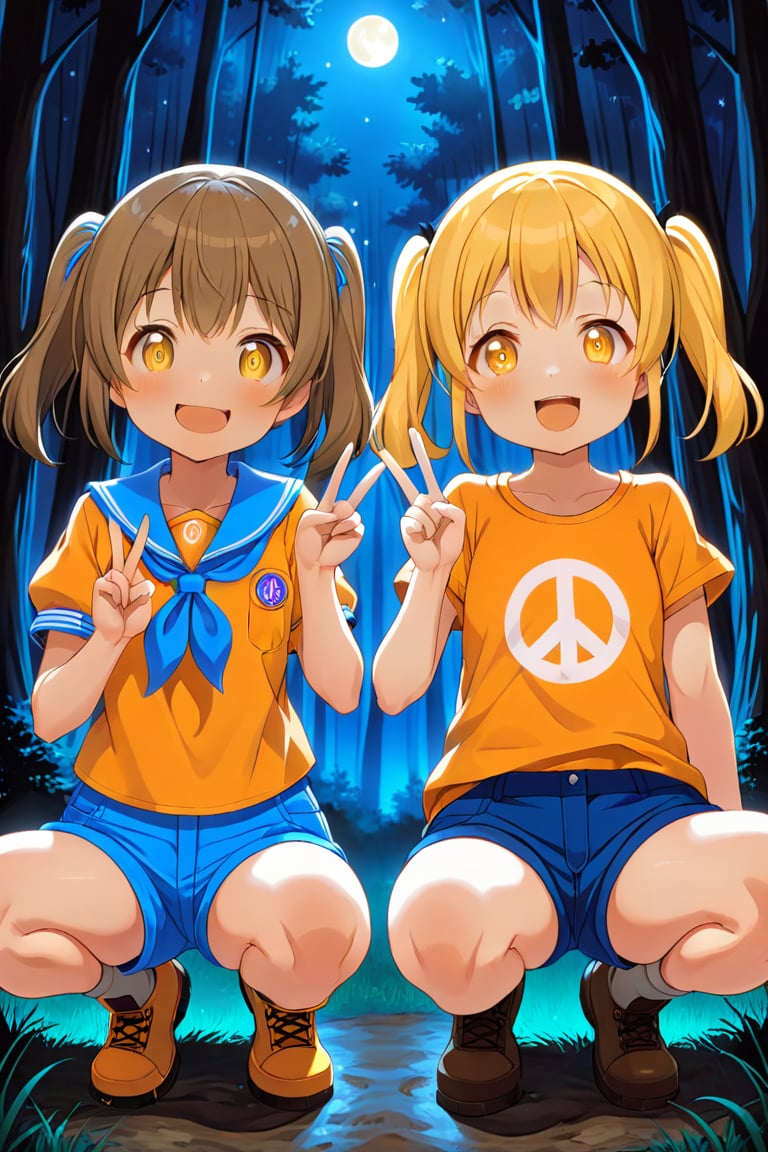 2_girls. loli hypnotized, happy_face, yellow_hair, brown hair, front_view, twin_tails, yellow_eyes, night forest, scout, orange shirt, blue short pants, squating, peace fingers, tongue