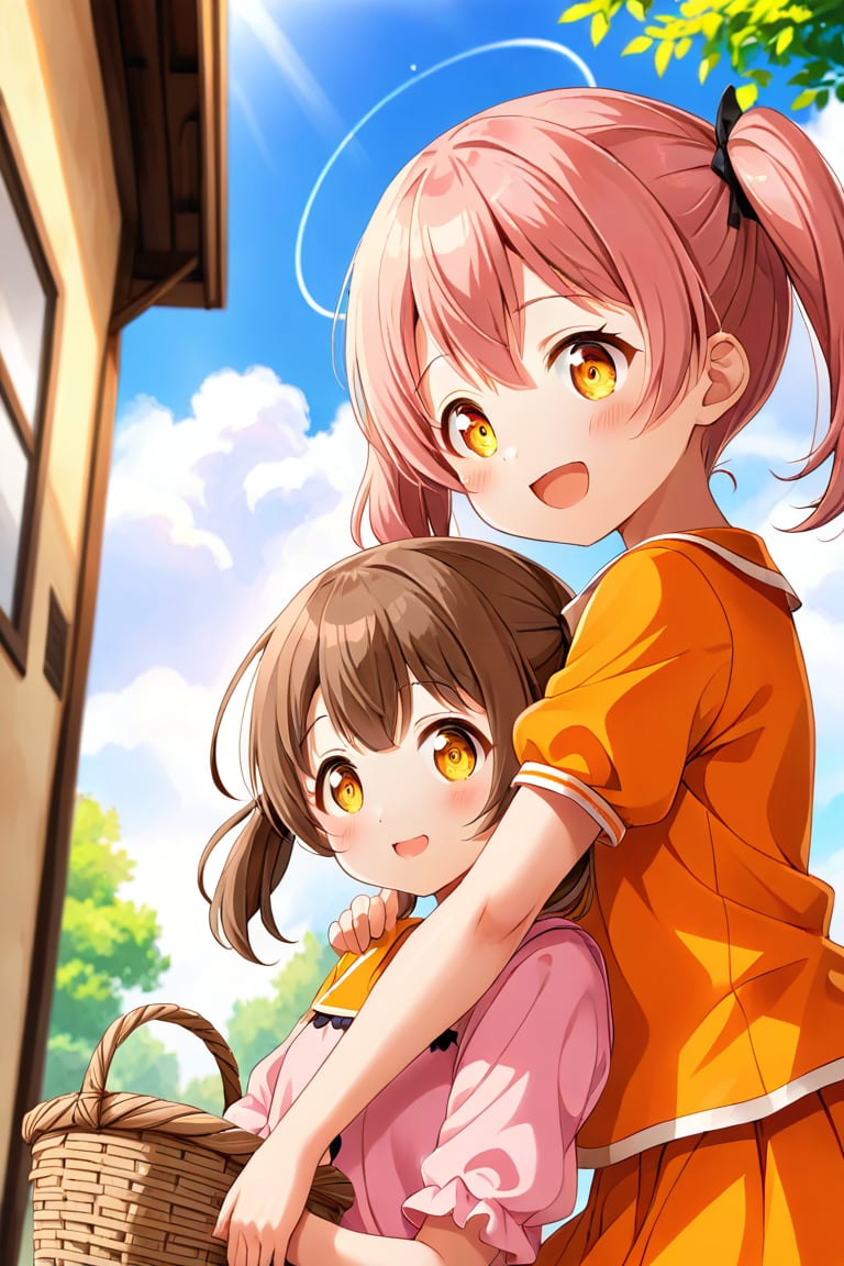 2_girls. loli hypnotized, happy_face, pink_hair, brown hair, side_view, twin_tails, yellow_eyes, basket, orange shirt, orange skirt, hugging