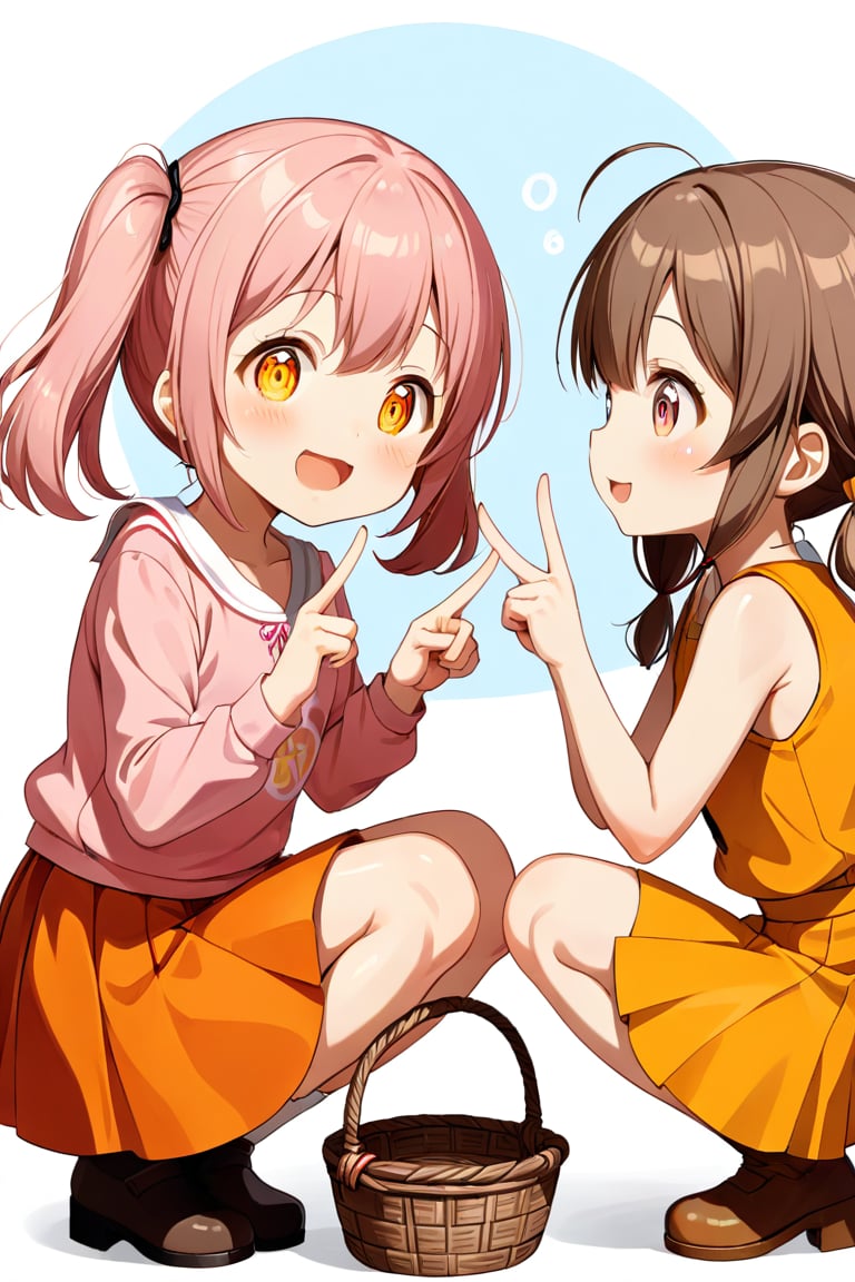 2_girls. loli hypnotized, happy_face, pink_hair, brown hair, side_view, twin_tails, yellow_eyes, basket, orange shirt, orange skirt, squatting, peace fingers