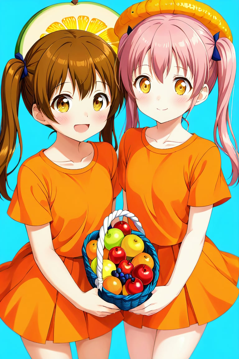 2_girls. loli hypnotized, happy_face, pink_hair, brown hair, front_view, twin_tails, yellow_eyes, fruits basket, orange shirt, orange skirt, 