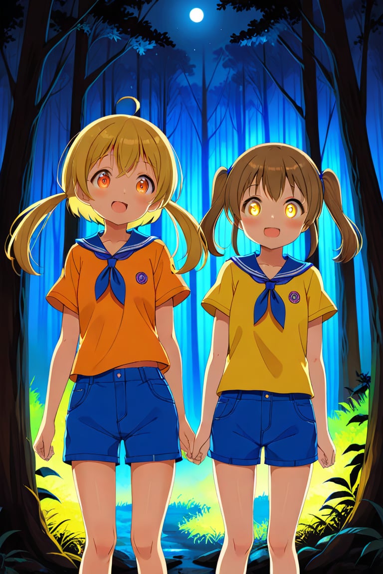 2_girls. loli hypnotized, happy_face, yellow_hair, brown hair, front_view, twin_tails, yellow_eyes, night forest, scout, orange shirt, blue short pants, 