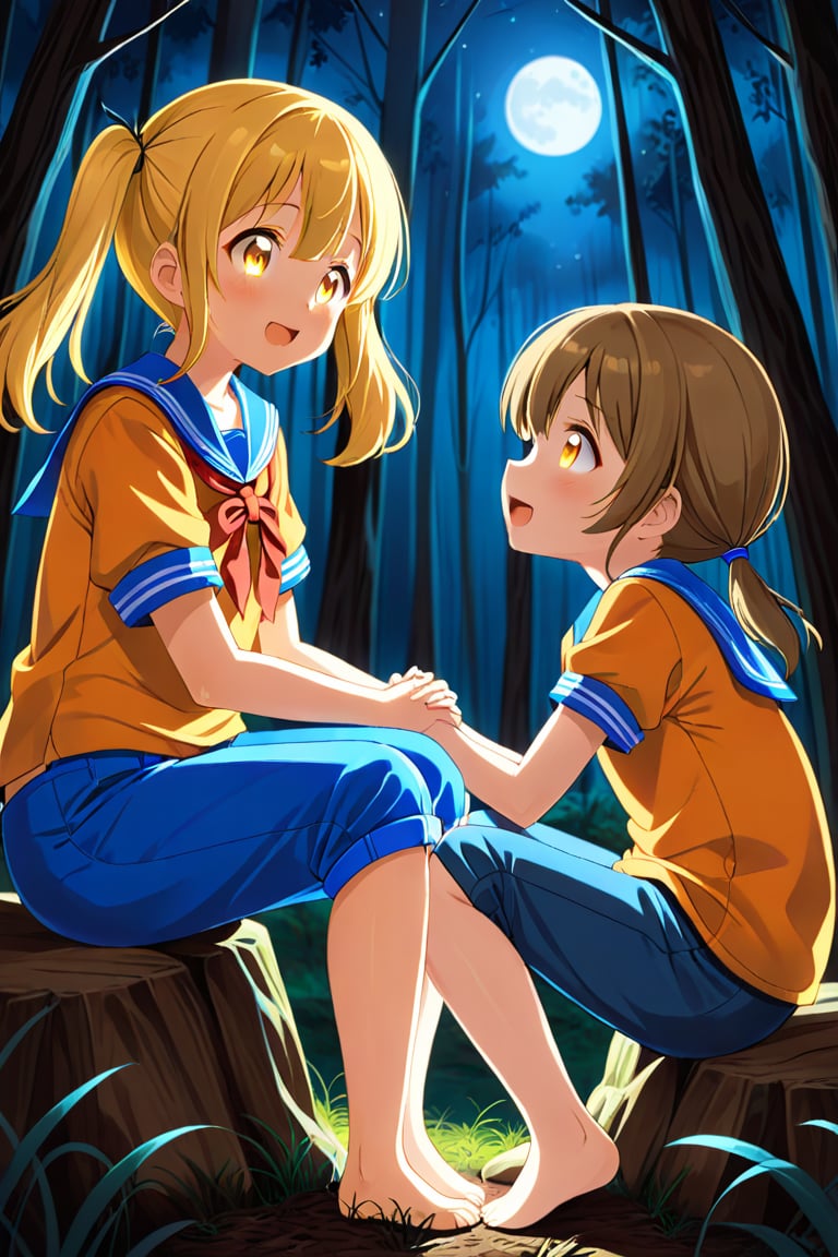 2_girls. loli hypnotized, happy_face, yellow_hair, brown hair, side_view, twin_tails, yellow_eyes, night forest, scout, orange shirt, blue short pants, sitting, hugging