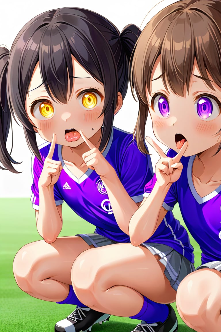 2_girls. loli hypnotized, sad_face, black_hair, brown hair, side_view, twin_tails, yellow_eyes, soccer, purple shirt, gray skirt, sticking_out_tongue, squatting, peace fingers