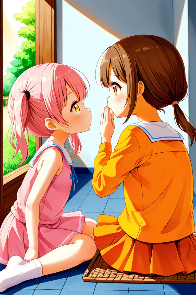 2_girls. loli hypnotized, happy_face, pink_hair, brown hair, side_view, twin_tails, yellow_eyes, basket, orange shirt, orange skirt, sitting, kissing