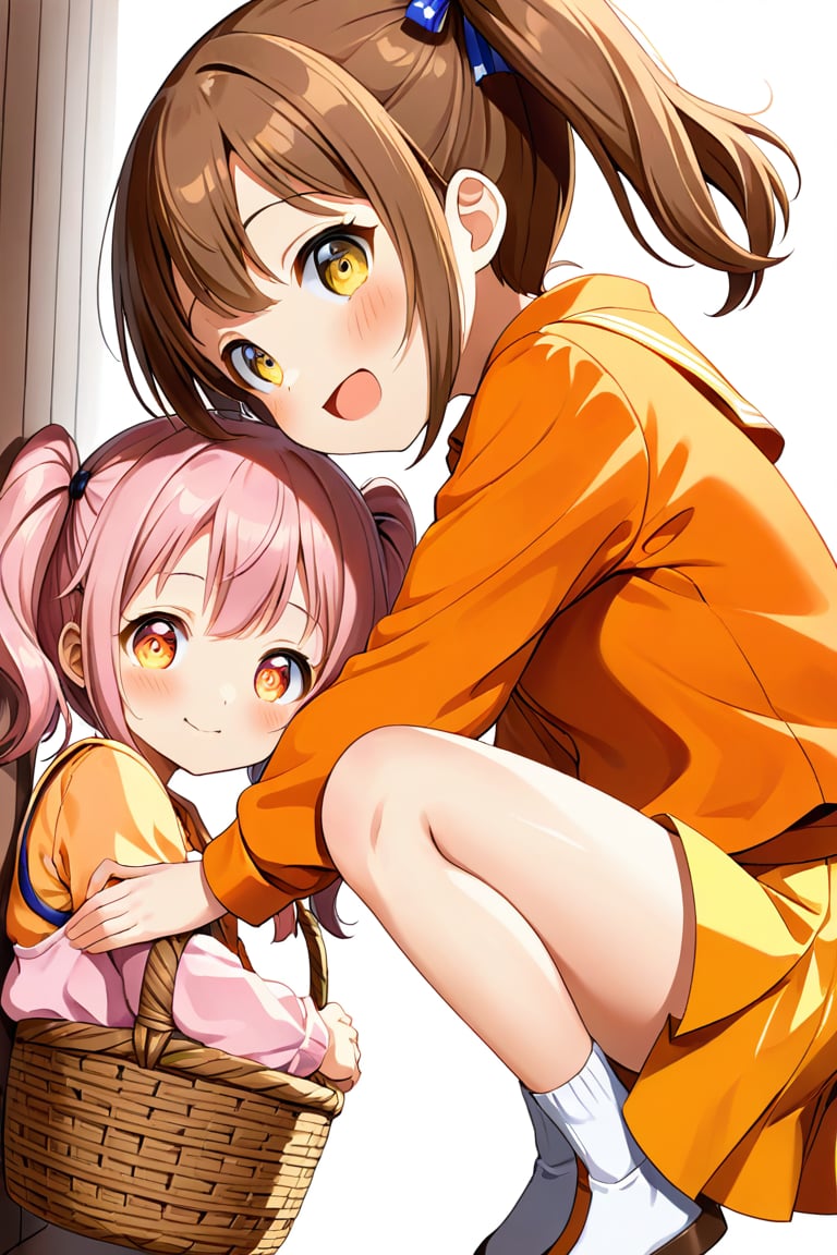 2_girls. loli hypnotized, happy_face, pink_hair, brown hair, side_view, twin_tails, yellow_eyes, basket, orange shirt, orange skirt, crouched, hugging