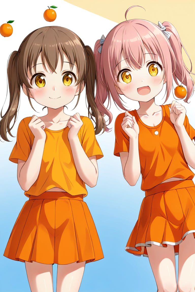 2_girls. loli hypnotized, happy_face, pink_hair, brown hair, front_view, twin_tails, yellow_eyes, fruits basket, orange shirt, orange skirt, 