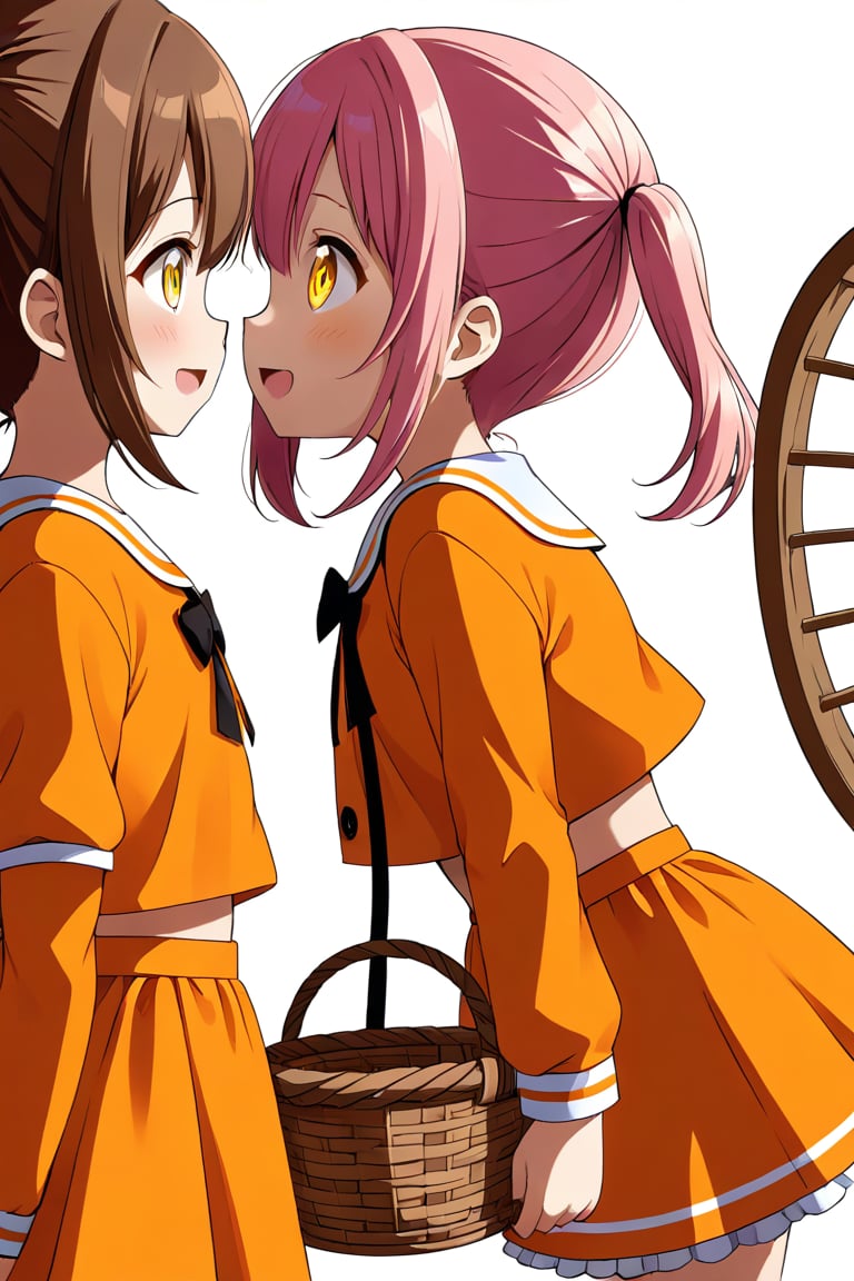 2_girls. loli hypnotized, happy_face, pink_hair, brown hair, side_view, twin_tails, yellow_eyes, basket, orange shirt, orange skirt, 