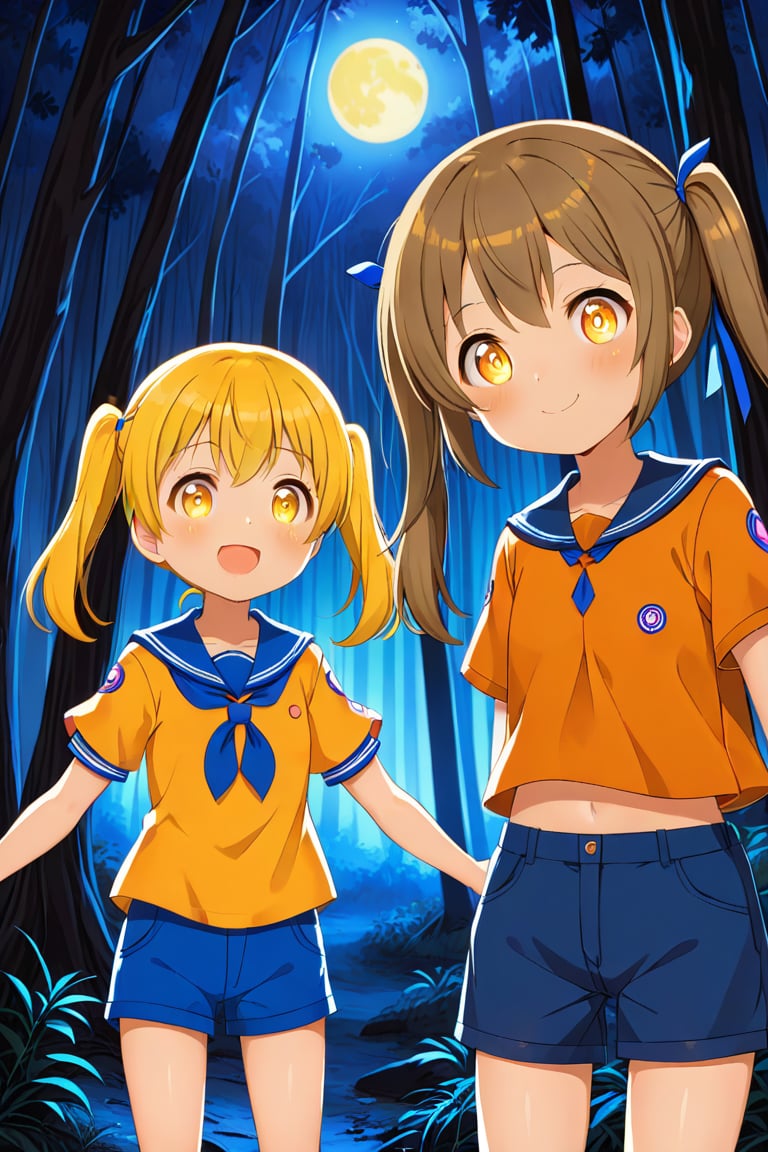 2_girls. loli hypnotized, happy_face, yellow_hair, brown hair, front_view, twin_tails, yellow_eyes, night forest, scout, orange shirt, blue short pants, 