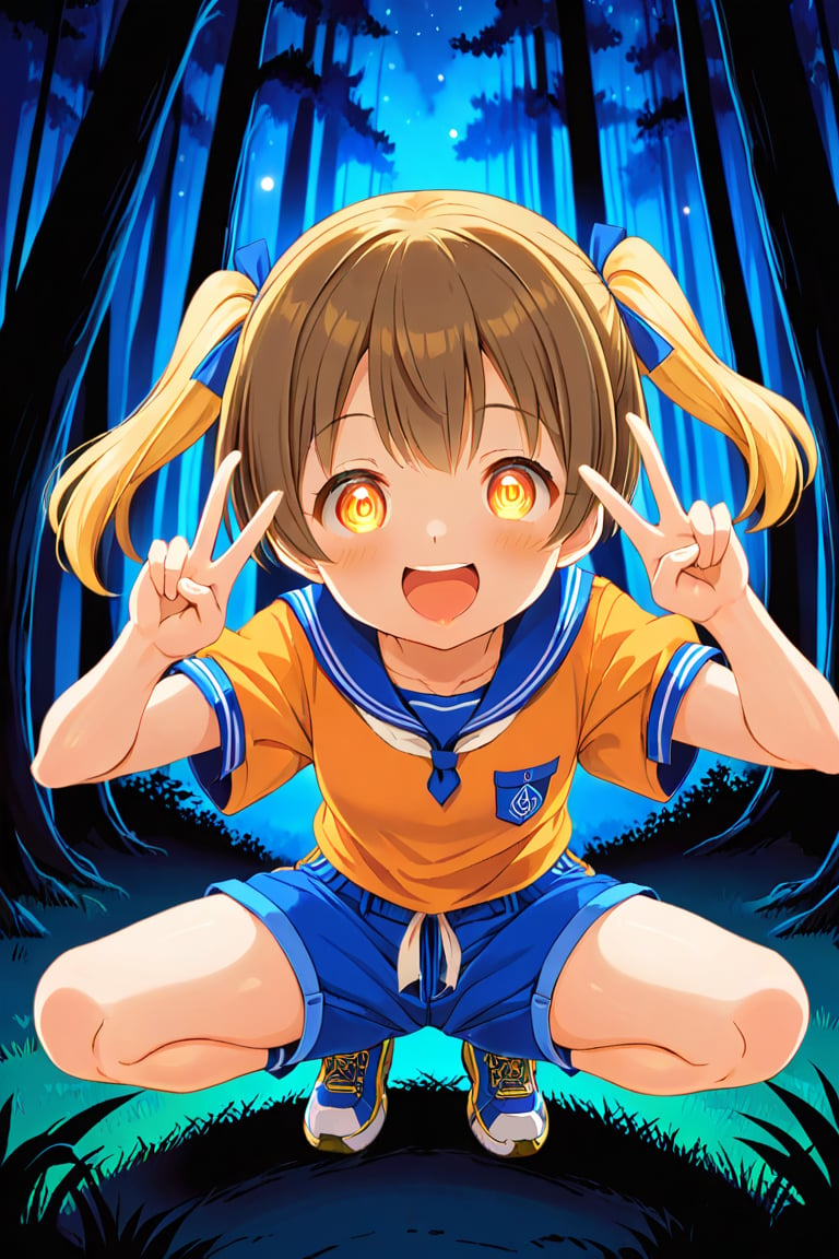 2_girls. loli hypnotized, happy_face, yellow_hair, brown hair, front_view, twin_tails, yellow_eyes, night forest, scout, orange shirt, blue short pants, squating, peace fingers, tongue