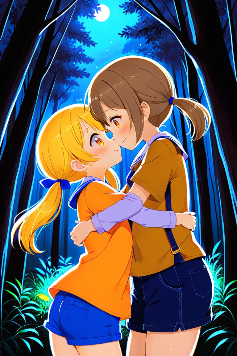 2_girls. loli hypnotized, happy_face, yellow_hair, brown hair, side_view, twin_tails, yellow_eyes, night forest, scout, orange shirt, blue short pants, hugging, kissing