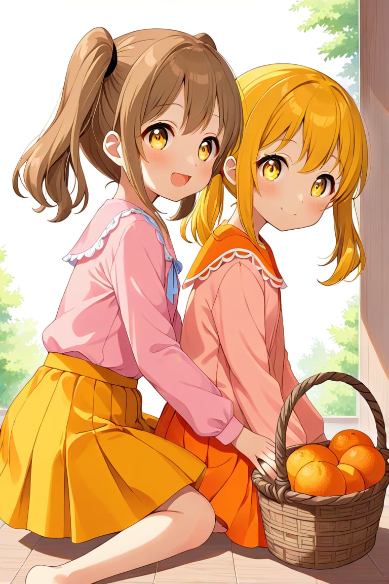 2_girls. loli hypnotized, happy_face, yellow_hair, brown hair, side_view, twin_tails, yellow_eyes, basket, pink shirt, orange skirt, sitting, hugging