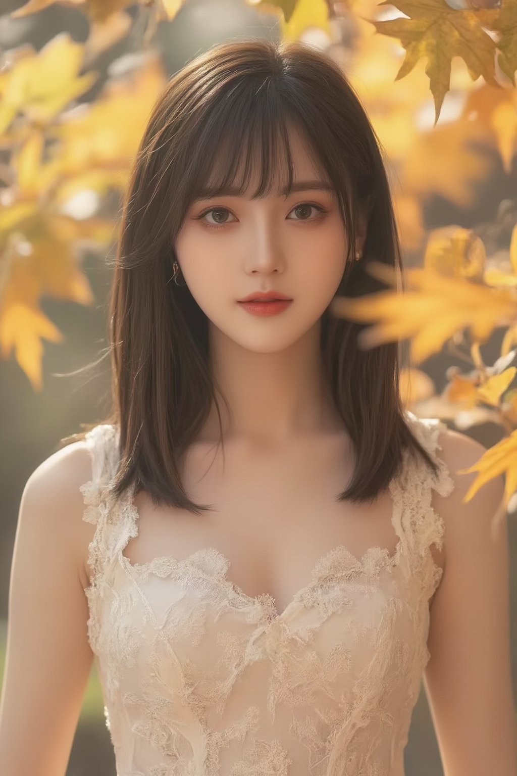 A stunning Korean girl poses confidently in a picturesque forest setting, surrounded by vibrant autumn maple leaves. She wears a delicate white lace dress that highlights her toned upper body and accentuates her impressive bust, with long black hair framing her face and bangs gently falling across her forehead. Her bright brown eyes sparkle with joy as she gazes directly at the viewer, exuding happiness and contentment. The soft sunlight filters through the trees, casting a warm glow on her features. (face close-up:1.4),Dòu Bàn Jiàng