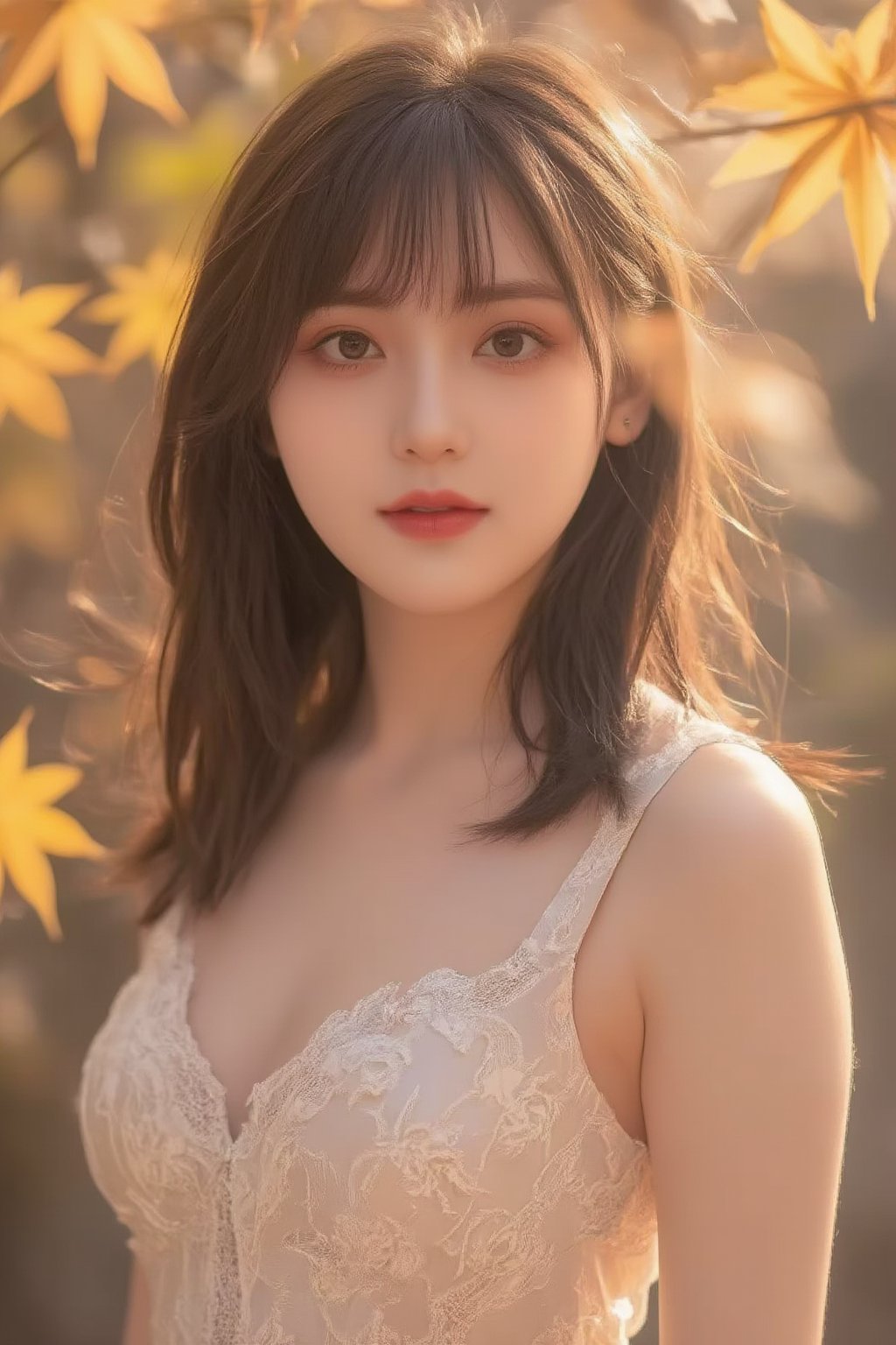 A stunning Korean girl poses confidently in a picturesque forest setting, surrounded by vibrant autumn maple leaves. She wears a delicate white lace dress that highlights her toned upper body and accentuates her impressive bust, with long black hair framing her face and bangs gently falling across her forehead. Her bright brown eyes sparkle with joy as she gazes directly at the viewer, exuding happiness and contentment. The soft sunlight filters through the trees, casting a warm glow on her features. (face close-up:1.4),Dòu Bàn Jiàng