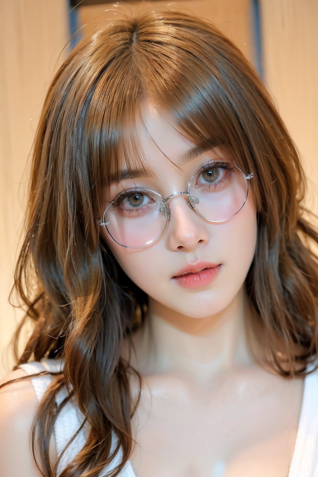 A close-up portrait shot of a stunning 18-year-old Asian girl, solo and facing the viewer with an air of playful mischief. Her brown hair is messy and falls in long fringe strands with bangs framing her heart-shaped face. Green eyes sparkle beneath silver semi-rimless glasses as she raises her chin (1.4) and tilts her head, exuding confidence. The background, out of focus, features worn wood paneling.

The scene demands incredibly detailed skin textures, subsurface scattering, and dramatic lighting that's evenly lit to accentuate her features. The overall aesthetic should evoke a sense of high-definition mastery, reminiscent of 4K or 8K DSLR photography or analog film. Score: 9 (masterpiece), score_8_up, score_7_up.,Extremely Realistic,More Detail,Dòu Bàn Jiàng