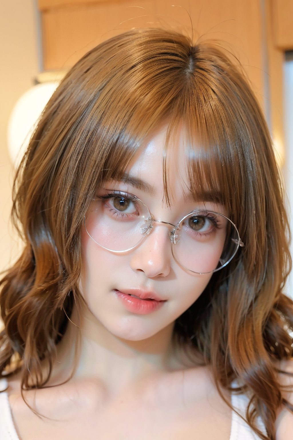 A close-up portrait shot of a stunning 18-year-old Asian girl, solo and facing the viewer with an air of playful mischief. Her brown hair is messy and falls in long fringe strands with bangs framing her heart-shaped face. Green eyes sparkle beneath silver semi-rimless glasses as she raises her chin (1.4) and tilts her head, exuding confidence. The background, out of focus, features worn wood paneling.

The scene demands incredibly detailed skin textures, subsurface scattering, and dramatic lighting that's evenly lit to accentuate her features. The overall aesthetic should evoke a sense of high-definition mastery, reminiscent of 4K or 8K DSLR photography or analog film. Score: 9 (masterpiece), score_8_up, score_7_up.,Extremely Realistic,More Detail,Dòu Bàn Jiàng