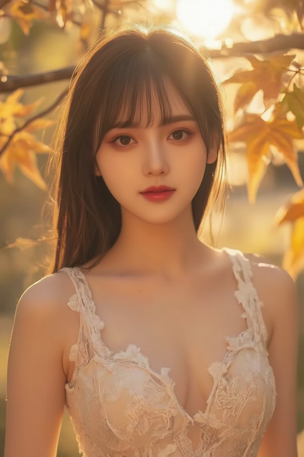 A stunning Korean girl poses confidently in a picturesque forest setting, surrounded by vibrant autumn maple leaves. She wears a delicate white lace dress that highlights her toned upper body and accentuates her impressive bust, with long black hair framing her face and bangs gently falling across her forehead. Her bright brown eyes sparkle with joy as she gazes directly at the viewer, exuding happiness and contentment. The soft sunlight filters through the trees, casting a warm glow on her features. (face close-up:1.4),Dòu Bàn Jiàng