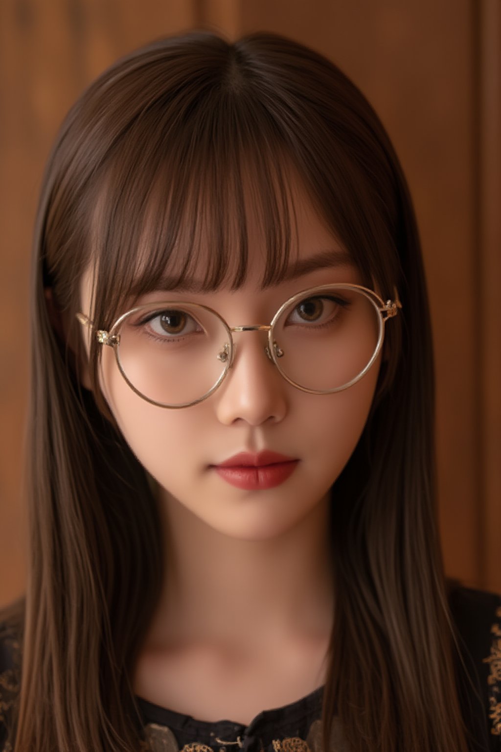 A close-up portrait shot of a stunning 18-year-old Asian girl, solo and facing the viewer with an air of playful mischief. Her brown hair is messy and falls in long fringe strands with bangs framing her heart-shaped face. Green eyes sparkle beneath silver semi-rimless glasses as she raises her chin (1.4) and tilts her head, exuding confidence. The background, out of focus, features worn wood paneling.

The scene demands incredibly detailed skin textures, subsurface scattering, and dramatic lighting that's evenly lit to accentuate her features. The overall aesthetic should evoke a sense of high-definition mastery, reminiscent of 4K or 8K DSLR photography or analog film. Score: 9 (masterpiece), score_8_up, score_7_up, Dòu Bàn Jiàng