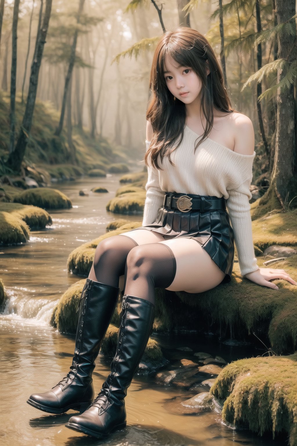 主：(((Beside a misty forest stream))),((sitting)),((Full body image)),
優：SD 1.5,Stepping on ripples in the water,
髮：(bangs),(((long hair))),
服：(Student uniform), (mini pleated skirt),(black compression tights), (((boots))),(((Off the shoulders))),(((shoulderless, low-cut))), ((trendy belt)),Dòu Bàn Jiàng