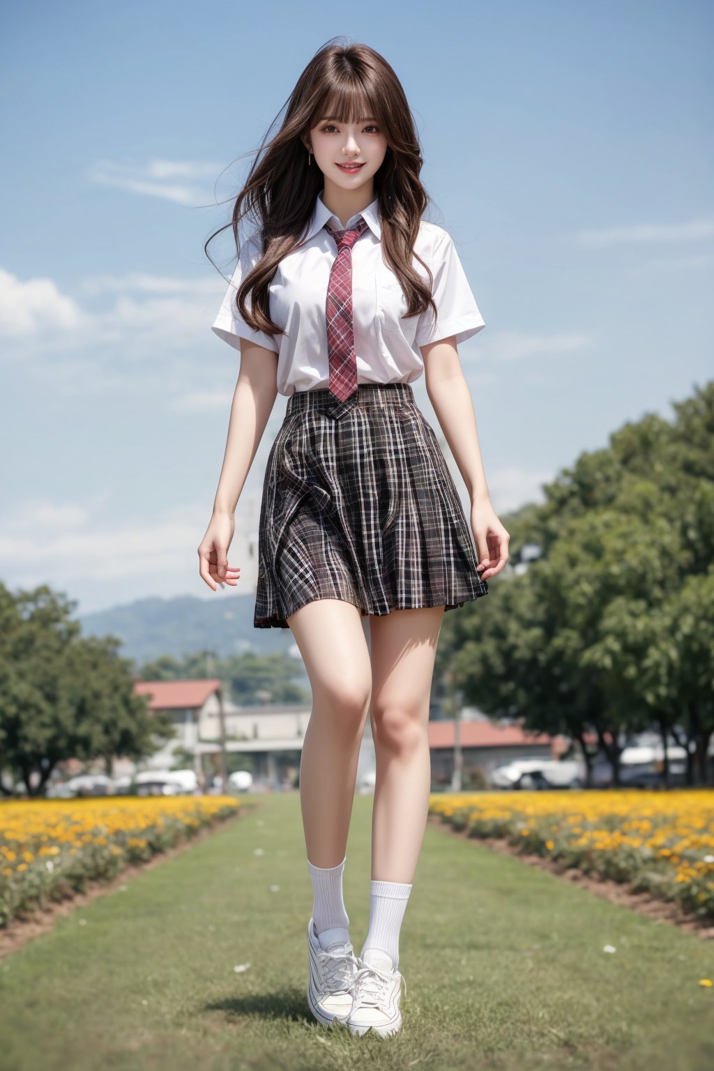 (Masterpiece), (Top Quality), (Super Detailed), (Very Detailed), (Perfect Anatomy), (Super Detailed Skin), (Detailed), (Beautifully Detailed Eyes), 1 Girl, 16 Years Old, Solo, Black Hair, Very Long Hair, Blunt Bangs, Black Eyes, (Plaid Skirt), Skirt, (Uniform), (White Shirt), (Indonesian School Uniform: 1.1), Partially White Socks, White Sneakers, (plaid tie), curvaceous, eyebrows, sideways glances, park, forest and flower fields, body, nice smile, standing,