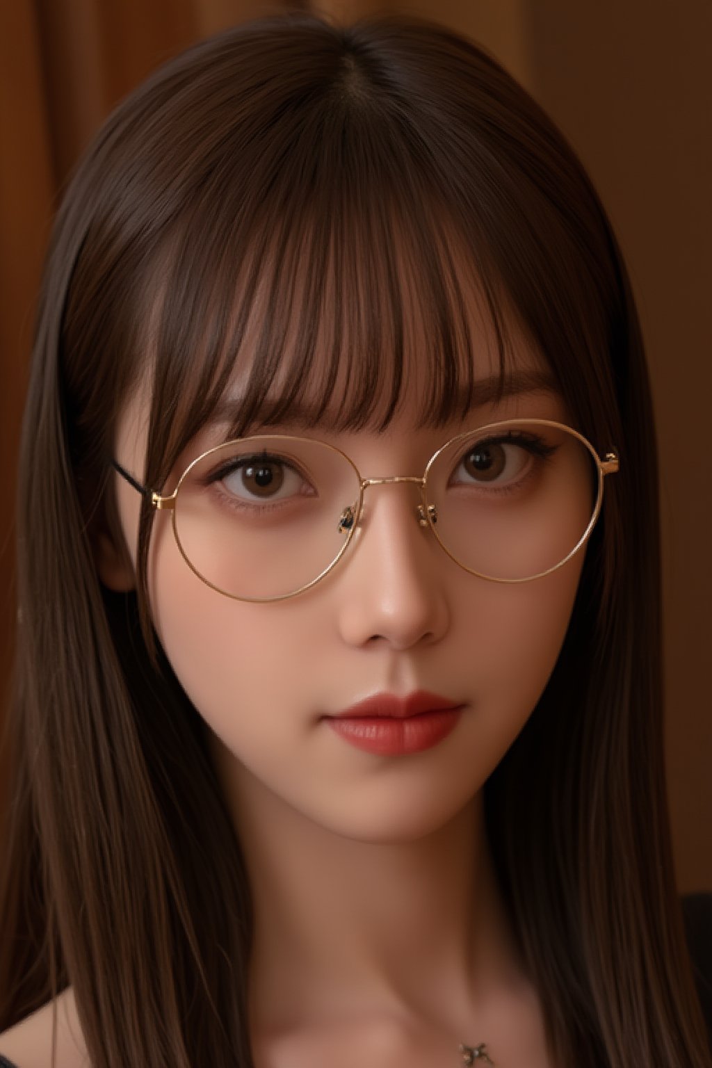 A close-up portrait shot of a stunning 18-year-old Asian girl, solo and facing the viewer with an air of playful mischief. Her brown hair is messy and falls in long fringe strands with bangs framing her heart-shaped face. Green eyes sparkle beneath silver semi-rimless glasses as she raises her chin (1.4) and tilts her head, exuding confidence. The background, out of focus, features worn wood paneling.

The scene demands incredibly detailed skin textures, subsurface scattering, and dramatic lighting that's evenly lit to accentuate her features. The overall aesthetic should evoke a sense of high-definition mastery, reminiscent of 4K or 8K DSLR photography or analog film. Score: 9 (masterpiece), score_8_up, score_7_up, Dòu Bàn Jiàng