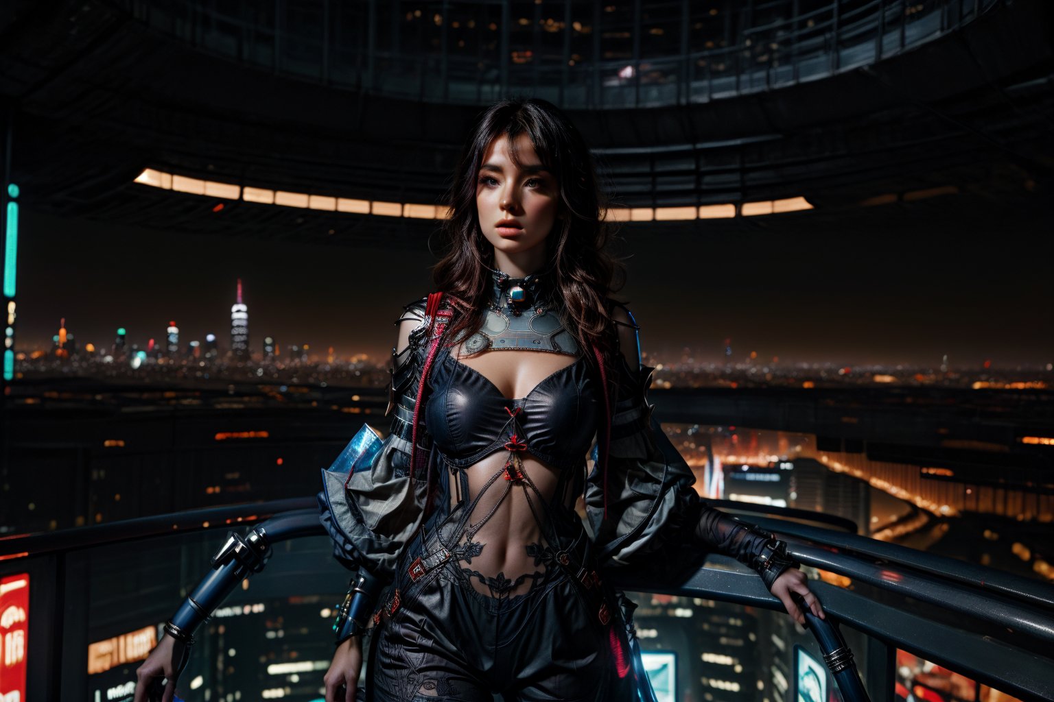 In this breathtaking 32k quality CG masterpiece, a stunning dark-haired beauty poses nude against the majestic backdrop of a futuristic crowded cyberpunk city, in a sleek futuristic highrise. Her full body and exotic features shine with HDR precision: piercing blue eyes, delicate facial structure, and alluring dimples. God rays and perfect shadows accentuate her curves, showcasing her firm, full breasts, and succulent derrière creating a sense of futuristic allure.  dramatic, detailed lighting.