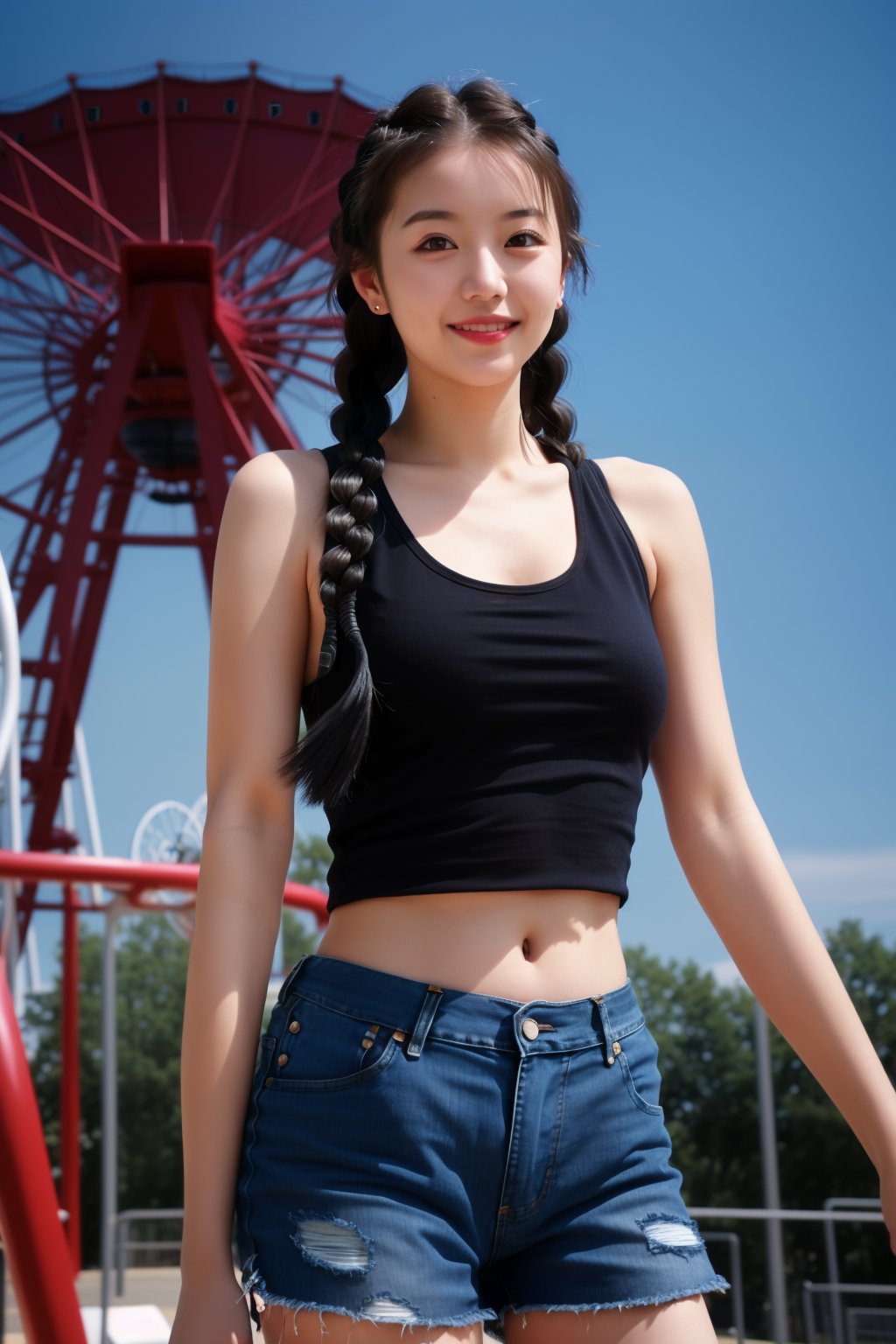 1girl age 28, facing audience, tank top, tanktop no bra, bare belly, denim shorts, twin braids, rideing the ferris wheel at a playground, exciting