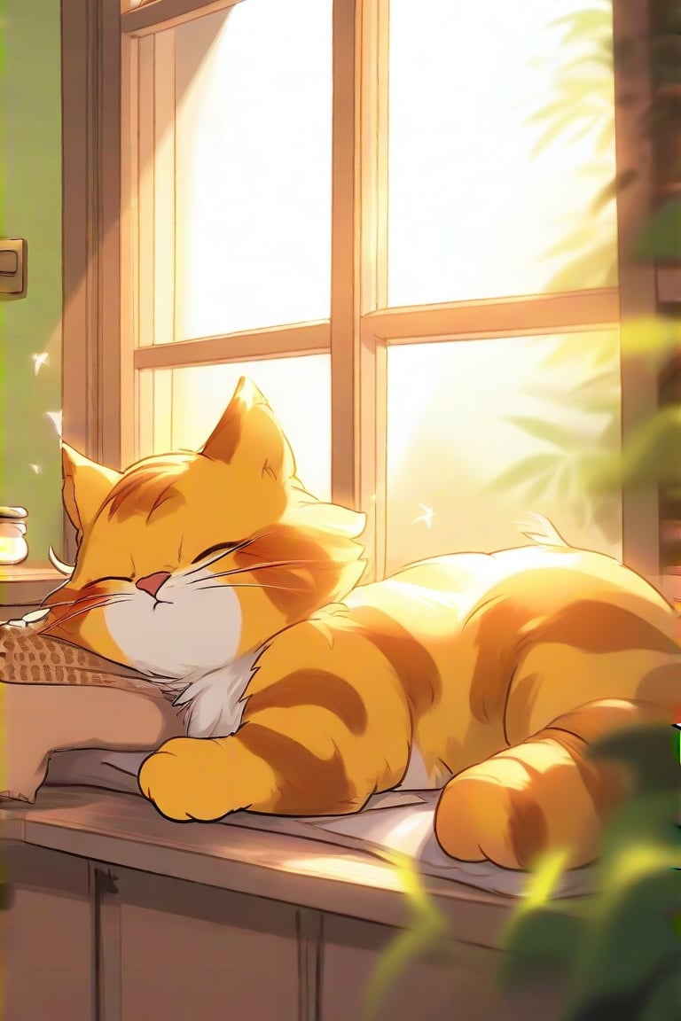 "On a sunny morning, a cute cartoon Garfield cat is lazily lying by the window, enjoying the warmth of the sun. Garfield smells an enticing aroma, waking from his lazy state and sneaking into the kitchen."