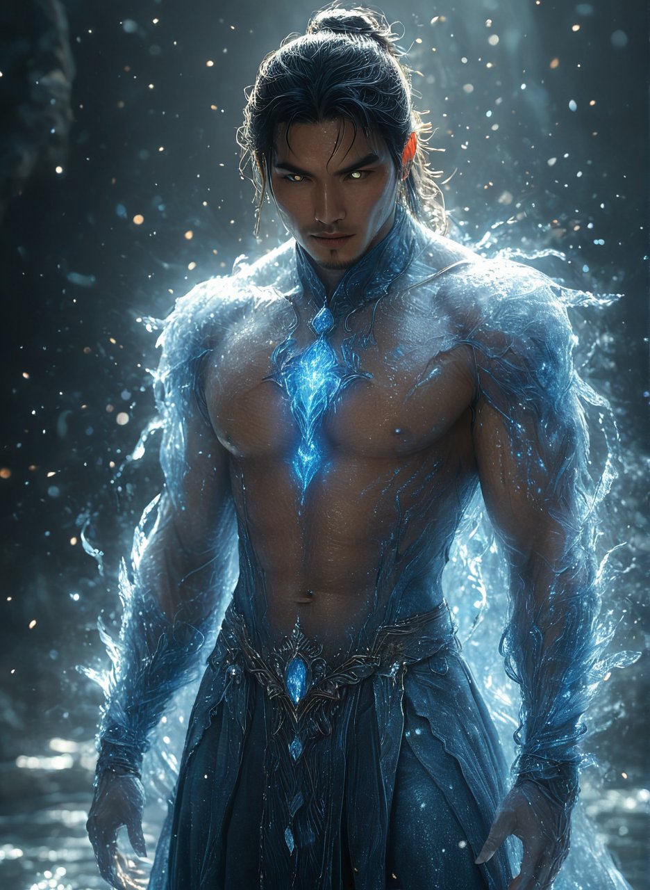 an asian man, muscle, he is wearing a costume on his front made of sea water and blue crystal ice, glowing light particles and sparkles in the style of glitter and diamond dust, hyper-realistic fire, fairycore, hkmagic, masterpiece, best quality, highly detailed, sharp focus, dynamic lighting,cip4rf,hkevil