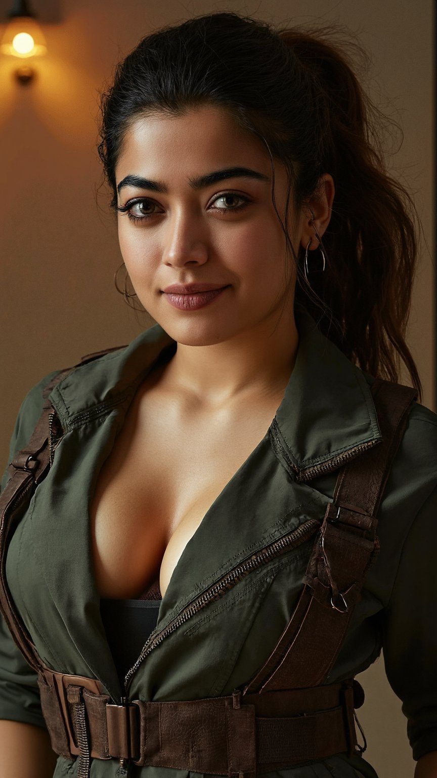 a photo of a sexy curvy rashmika in an adventure costume, tomb raider costume, cinematic lighting, headshot, DSLR quality, smirk