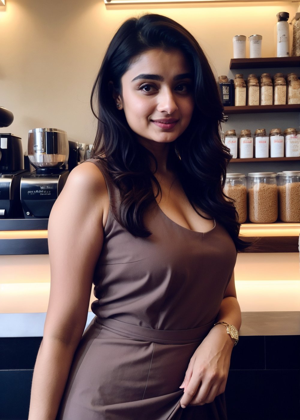 Lovely cute hot Alia Bhatt, acute an Instagram model 22 years old, full-length, long blonde_hair, black hair, winter, on a  coffee shop, Indian, wearing a Indian dress, Lives text on top, thin shaped_body,