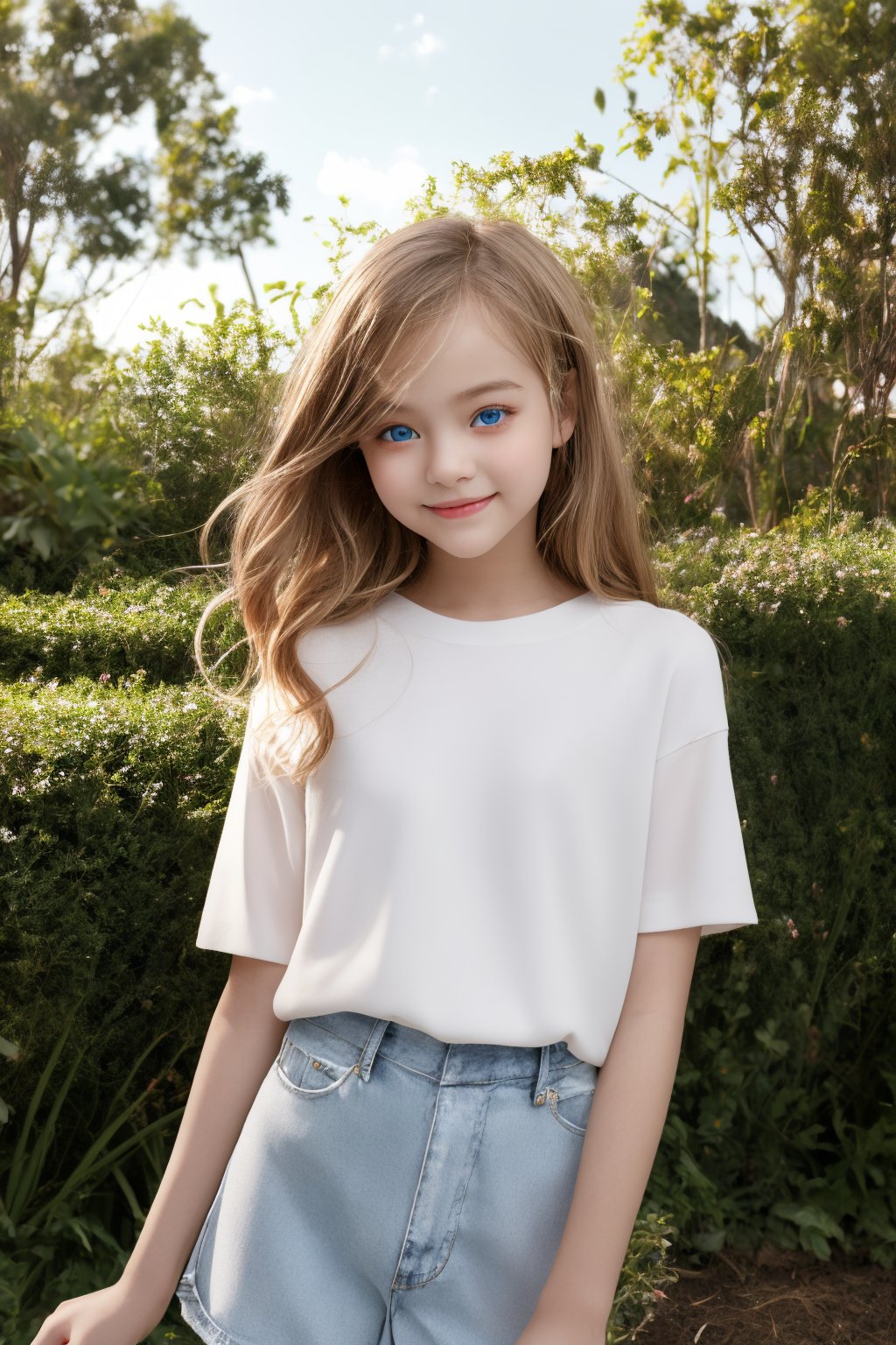 A stunning, full-body portrait of an 11-year-old little tween girl, exuding innocence and charm. In a crisp, high-contrast setting, her porcelain skin glows with a subtle blush, complemented by bright blue eyes that sparkle like diamonds. Her slender physique is clad in casual wear, accentuating her youthful energy. The Sony A7III captures every detail in razor-sharp 8K resolution, with HDR and hyperrealistic rendering creating an otherworldly effect. The subject's radiant smile and joyful expression are framed by a shallow depth of field, emphasizing the beauty of her features. Shadows dance across her face, adding depth and nuance to this masterpiece.