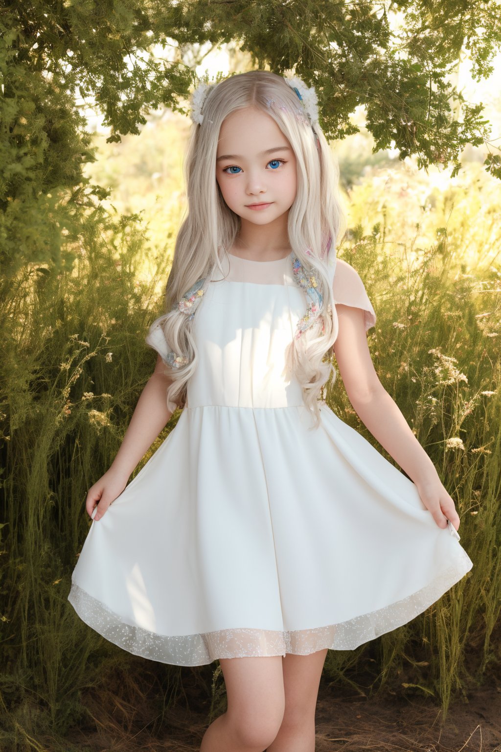 A breathtakingly stunning 11-year-old tween girl poses in a serene full-body view, radiating innocence and charm. Her porcelain doll-like complexion glows with a subtle blush, complemented by bright blue eyes sparkling with mirth. The soft focus of her white hair creates a whimsical contrast against the lush locks. Her slender physique is accentuated by the flowing hippie dress, which drapes elegantly around her petite frame.

The Sony A7III camera captures every detail in stunning 8K resolution, utilizing HDR and hyperrealistic rendering to create an almost photorealistic image. The lighting is soft and natural, with a warm glow that highlights the subject's gentle smile. The composition is clean and simple, emphasizing the tween girl's youthful essence.

The overall effect is mesmerizing, as if you're gazing upon a living, breathing masterpiece. The subject's very presence seems to emanate happiness and joy, inviting the viewer to step into her carefree world.