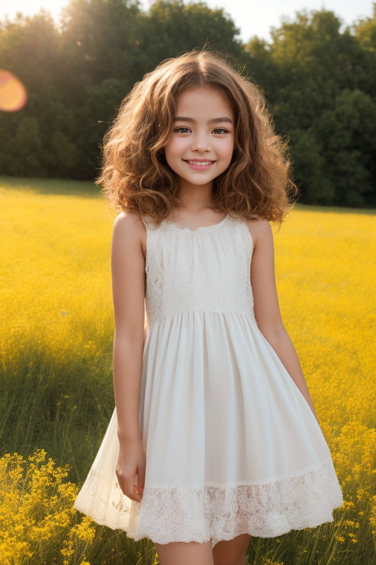 A tween girl with a petite and well-formed body, posing in a bright, sunlit meadow, her curly hair blown slightly by a gentle breeze. She wears a white sundress with yellow flowers embroidered on the hem, her eyes shining like sapphires as she gazes up at something above the treeline. Her alluring smile and sweet demeanor radiate innocence and charm, inviting the viewer to step into her whimsical world.