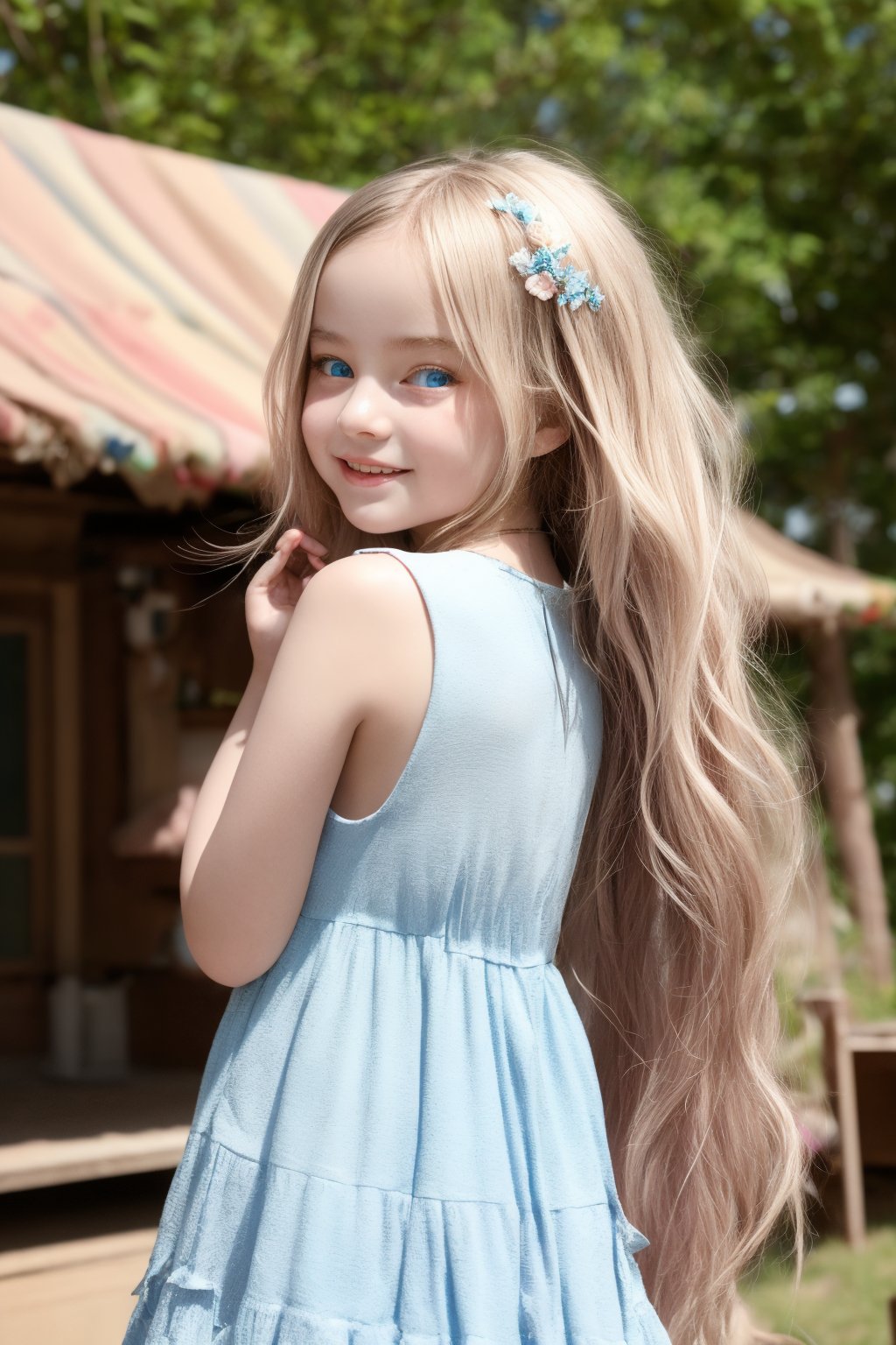 A stunning, high-detail image of an 11-year-old tween girl with porcelain-white skin and striking blue eyes. She wears a flowy hippie dress, her long white hair cascading down her back as she beams with joy. The camera captures her petite frame in full-body view, showcasing her slender figure. Her smile is radiant, blushing cheeks adding to her childlike charm. In the style of crisp lines and forms, the image features UHD quality, shot on a Sony A7III camera with a 1:2 ratio, utilizing stylized RAW editing. The result is a hyperrealistic masterpiece, rivaling photorealism in its sharpness and beauty.