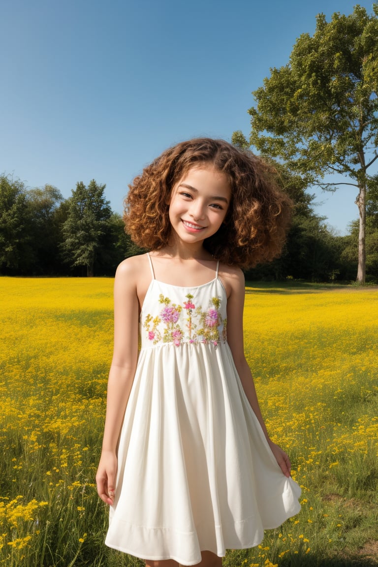 A tween girl with a petite and well-formed body, posing in a bright, sunlit meadow, her curly hair blown slightly by a gentle breeze. She wears a white sundress with yellow flowers embroidered on the hem, her eyes shining like sapphires as she gazes up at something above the treeline. Her alluring smile and sweet demeanor radiate innocence and charm, inviting the viewer to step into her whimsical world.