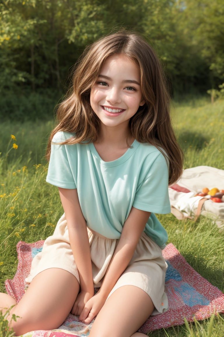 A preteen girl with a carefree smile sits on a colorful picnic blanket in a lush green meadow, surrounded by vibrant wildflowers and tall grasses. Soft afternoon sunlight casts a warm glow on her messy brown hair and freckled nose, while the gentle breeze rustles her short-sleeved shirt.