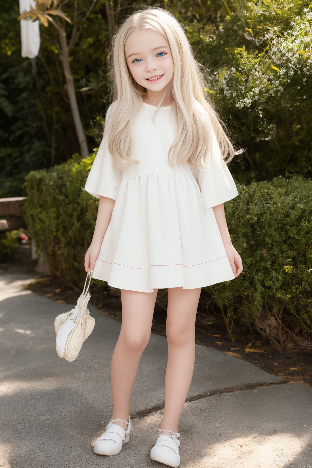 A stunning, 11-year-old little tween girl with long white hair and bright blue eyes beams with joy in a full-body shot. Her pale skin glows with a subtle blush as she smiles warmly, her slender physique on display. The lighting is masterful, utilizing shadows to create crisp lines and forms that pop against the UHD background. Shot on a Sony A7III with an 1:2 ratio, this RAW photo is a true masterpiece of photorealism, exuding an air of youthful innocence and charm.