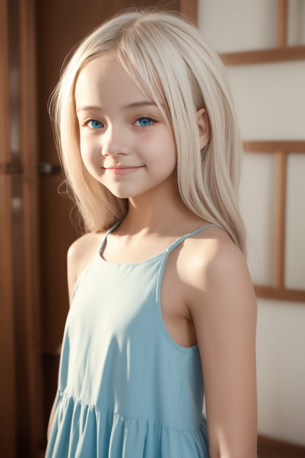 A stunningly rendered image of an 11-year-old tween girl with striking white hair, a bright blue-eyed smile, and blushing cheeks. The subject's slender yet petite physique is showcased in a full-body view against a soft-focus background, allowing her beautiful face to take center stage. Her hippie dress flows seamlessly around her, creating a whimsical atmosphere. The lighting is masterfully crafted, utilizing shadows to add depth and dimensionality to the scene. The Sony A7III camera captures every detail with precision, showcasing crisp lines and forms that evoke a sense of hyperrealism. (sharp:1)