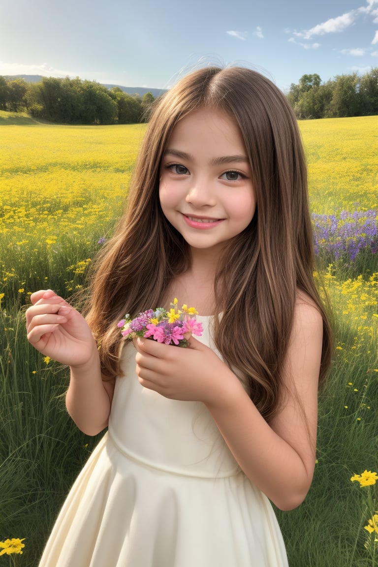 Soft focus captures a playful 11-year-old tween girl with a petite and well-formed physique. Her cute features are accentuated by gentle lighting, highlighting her sweet expression. She poses with a carefree charm, standing in a lush green meadow surrounded by blooming wildflowers, her tiny hands grasping a bouquet of fresh flowers.