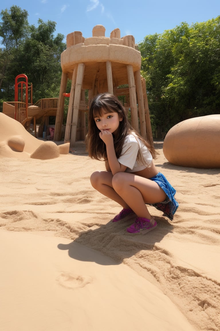 Sandcastle Building
Setting: A playground with a large sandpit.
Description: tween girl kneels in the sandpit building a sandcastle. As she adjusts her position on the ground, her skirt shifts and lifts slightly, exposing her underwear.