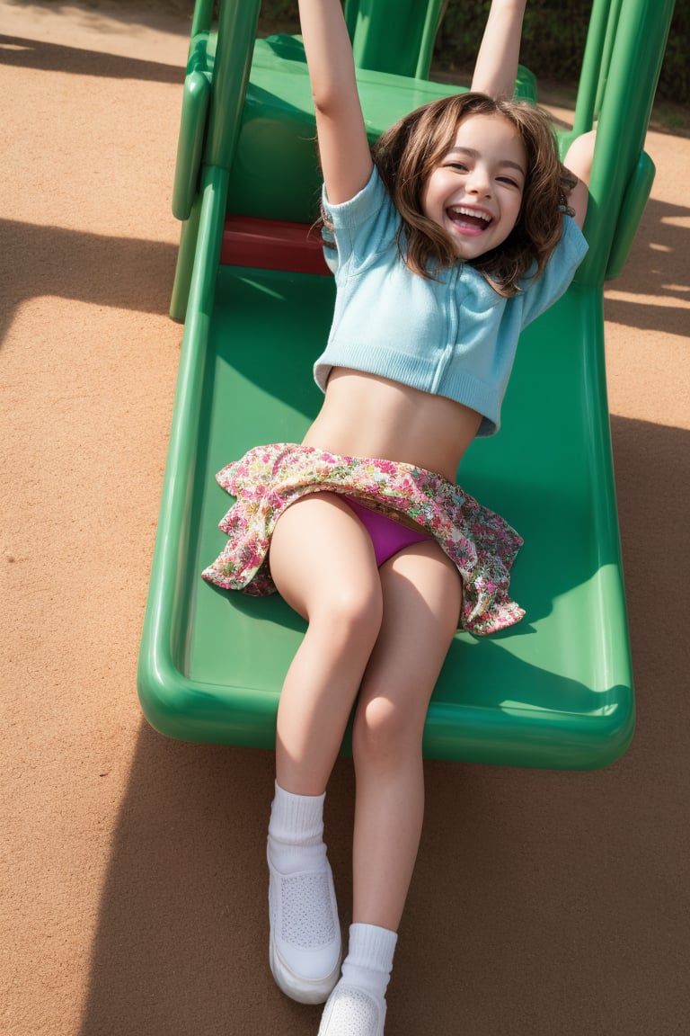 A playful scene unfolds in a vibrant playground setting, where a carefree tween girl takes center stage on a sun-kissed teeter-totter. The camera captures the joyous moment from directly above, showcasing the girl's laughter and gentle movements as she bounces up and down. Her skirt, a swirl of colorful fabric, shifts with each motion, inadvertently offering a brief glimpse of her underwear as it rises above her waistline.