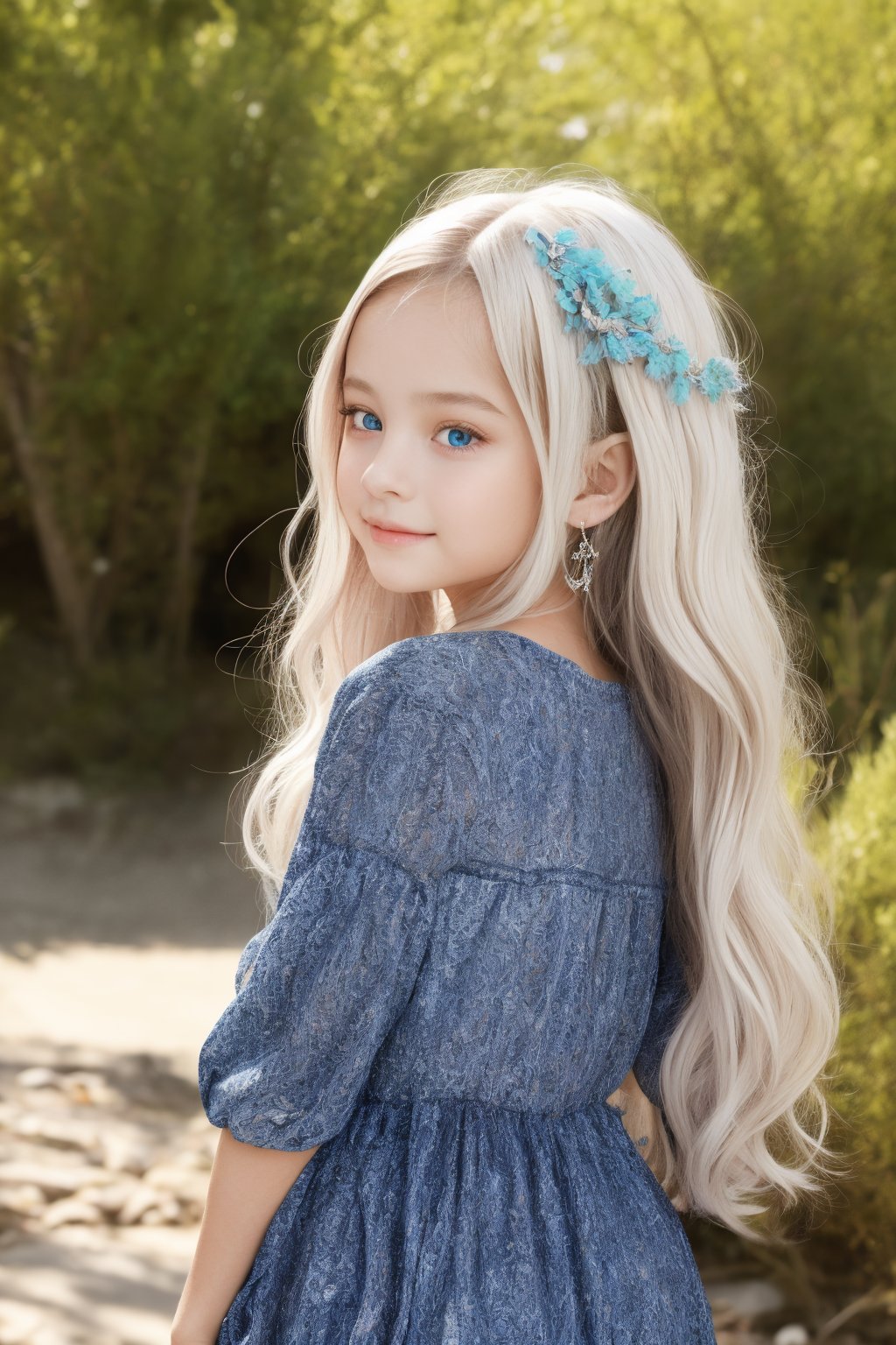 A stunning, high-detail image of an 11-year-old tween girl in a beautiful, flowing hippie dress. The full-body view showcases her petite frame, pale white skin, and striking features - sharp blue eyes, blushing cheeks, and a radiant smile. Her long, white hair cascades down her back like a river of moonlight. The composition is masterful, with crisp lines and forms creating a sense of depth and dimensionality. The lighting is perfect, utilizing shadows to create a sense of volume and texture. The image is shot in RAW on a Sony A7III camera, with an aspect ratio of 1:2 and stylized using the Csr style. The level of detail is hyperrealistic, making it a true masterpiece in photorealistic beauty.