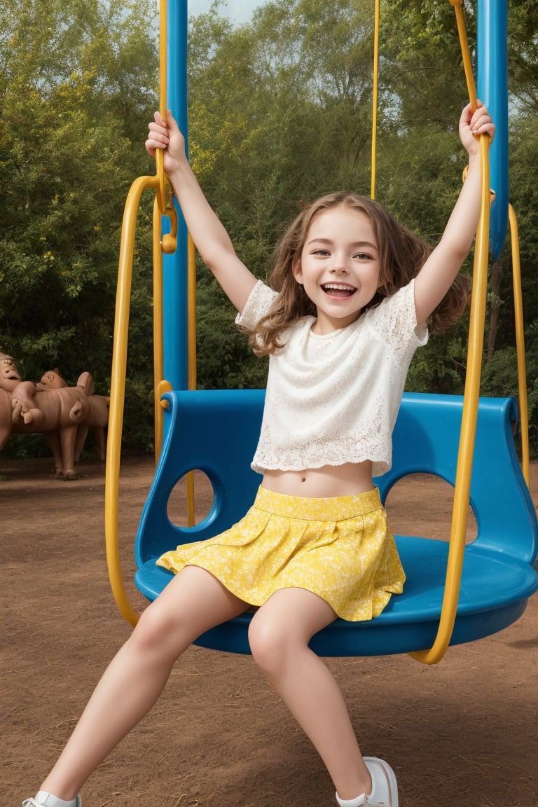 A tween girl's innocent playtime at the playground takes an unexpected turn as she swings effortlessly on the merry-go-round, her bright yellow skirt fluttering with each rotation. As she settles into a comfortable sit-down swing, the fabric of her garment subtly shifts, briefly revealing a hint of her lacy underwear. The surrounding atmosphere remains carefree and lively, with children's laughter and shouts of joy filling the air.