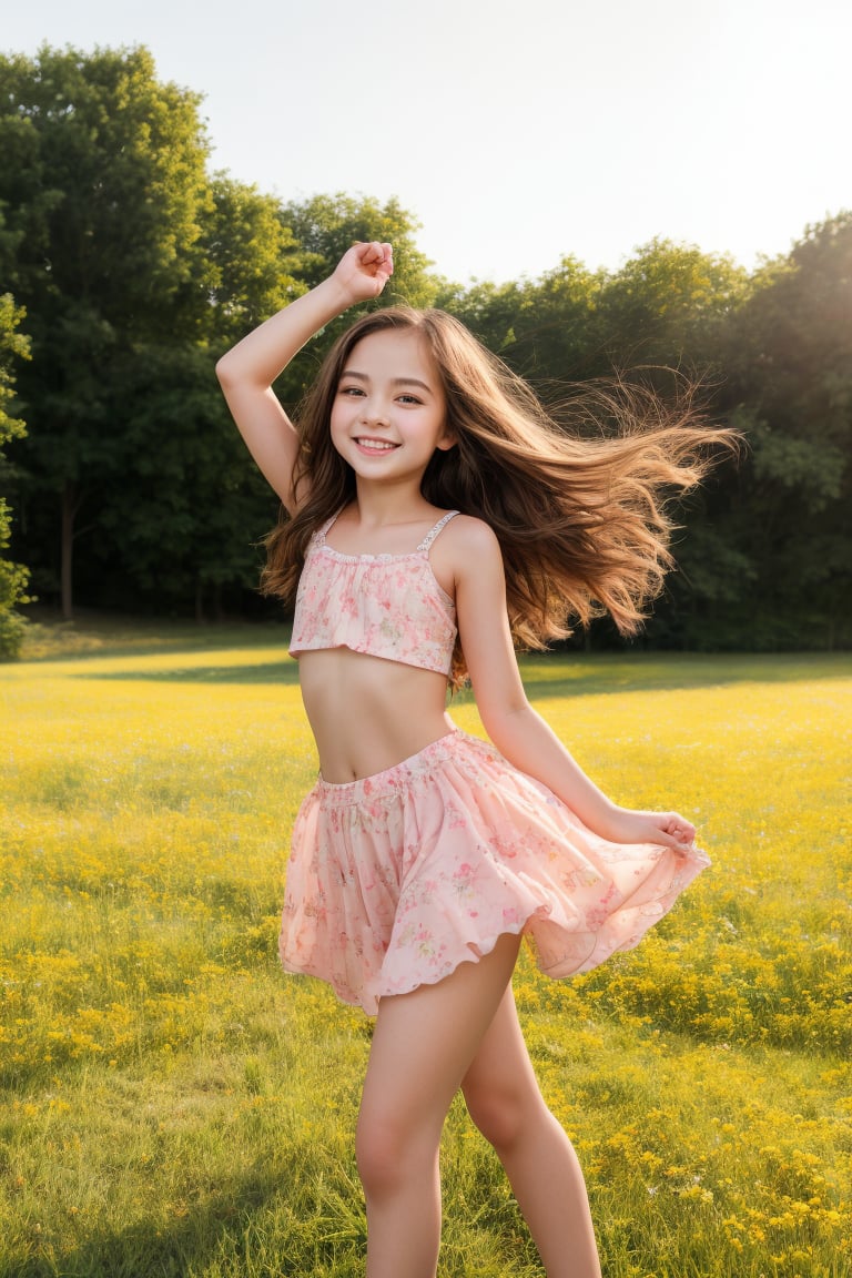 A preteen dream, a tween girl with an alluring charm, posing in a sunny meadow, her petite frame and sweet smile drawing the viewer's gaze. Her well-formed body is highlighted by a gentle breeze rustling her hair as she gazes off into the distance, exuding innocence and curiosity.