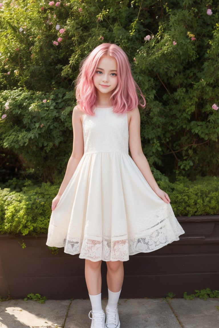 A whimsical tween girl with bright pink hair, standing in front of a vintage-inspired background, surrounded by lush greenery and pastel-colored flowers. She wears a flowing white dress with intricate lace details, paired with scuffed up Converse sneakers. Her eyes sparkle with mischief as she gazes directly at the camera, her hands tucked behind her back.